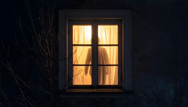 Ventana iluminada en una fachada oscura con silueta humana visible tras una cortina y ramas secas en primer plano