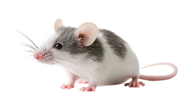 Small grey and white fancy mouse with pink ears and long tail