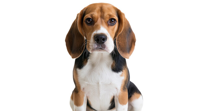 Young beagle dog with brown black and white fur sitting and looking forward