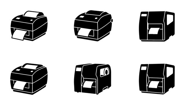 Black printer icons set, graphic silhouette collection, business and