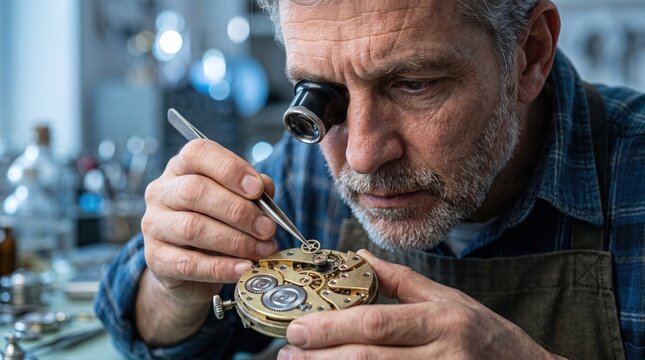 Skilled watchmaker meticulously repairing a vintage mechanical timepiece in his workshop