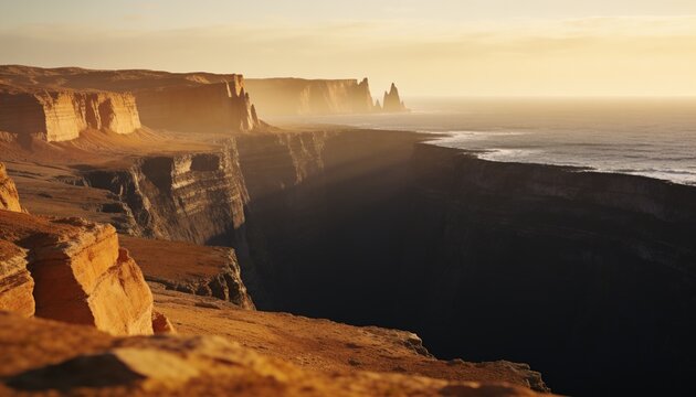 Glowing sandstone cliff faces stretching toward ocean at low sun, with rock outcrops and sea stacks