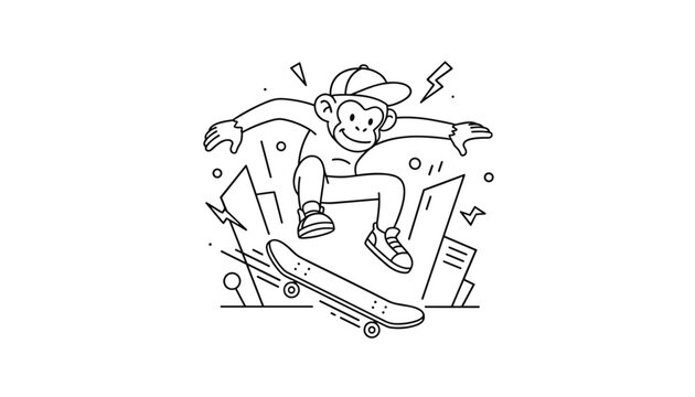 Cool cartoon monkey performing skateboard jump in city streets black and white contour outline illustration on white background.