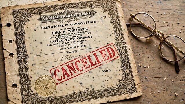 A historical 1937 common stock certificate, marked 'CANCELLED', rests beside vintage spectacles on a worn wooden table, symbolizing a bygone era of paper finance.