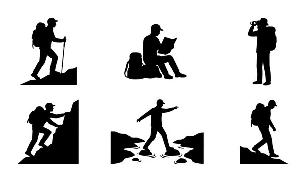 Black silhouette hikers and map reader background, graphic design