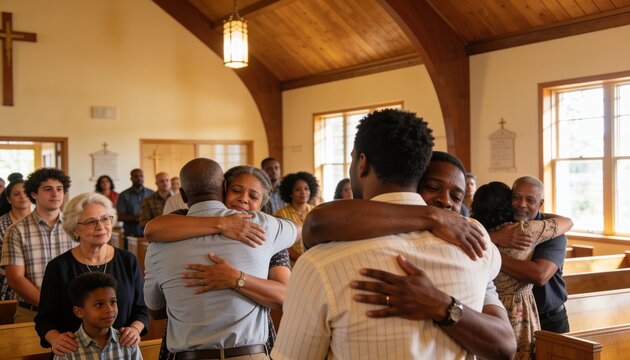 Embracing pair of adult men wearing semi-formal clothing in small church nave, wooden cross