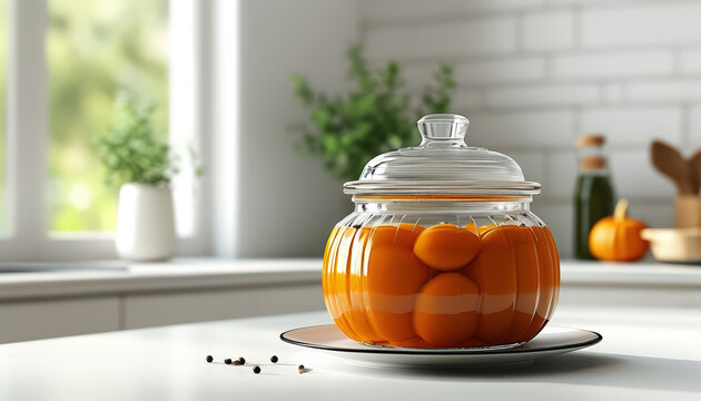 Glass jar of pickled orange pattypan squashes on bright kitchen counter for recipe feature, jar label mockup and food styling for seasonal pantry display