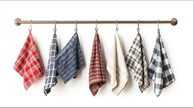 Seven clean woven kitchen towels hanging neatly from a simple horizontal metal rail, assorted red, navy blue, beige, white, and gray plaid patterns. Ai generated