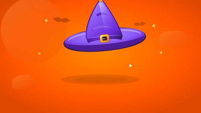 Purple witch hat flying on vibrant orange background illustration
