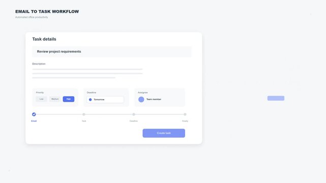 Software user interface showing email to task workflow steps
