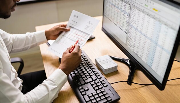 Auditor Analyzing Transaction Spreadsheets on Multi Monitor Setup
