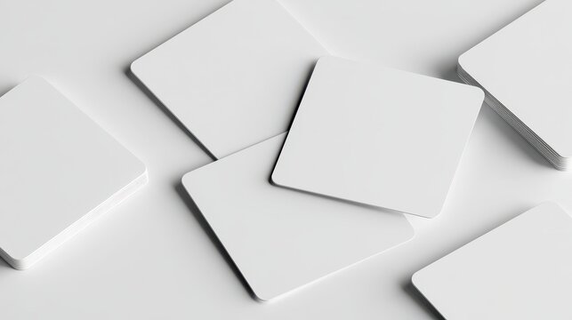 Minimalist 3D render of a twisted deck of rounded-square blank cards on a white geometric background