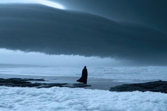 A solitary figure in dark cloak stands on rocky shore beneath a vast ominous storm cloud rolling over a turbulent ocean at dusk