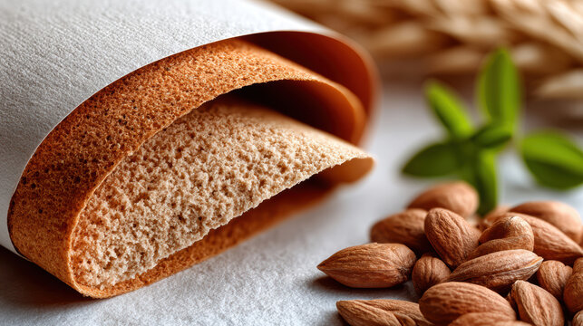 Close up macro of rolled biscotti style almond biscuit with scattered almonds on textured paper for food packaging mockup, bakery product display and culinary branding imagery