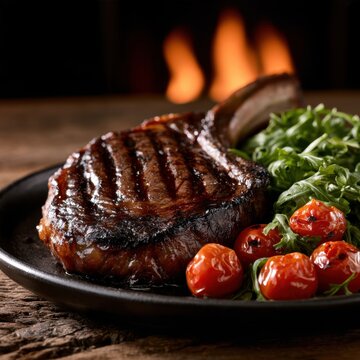 Juicy grilled steak with char marks served with fresh leafy greens and roasted cherry tomatoes on a black plate in a cozy rustic setting with firelight backgrou