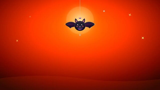 Cute cartoon Halloween bat hanging against glowing orange moon