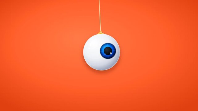Realistic blue eyeball pendulum hanging over vibrant orange background