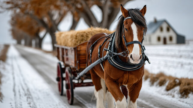 Draft horse pulling a wooden wagon loaded with hay along a snowy country road by a farmhouse, rural winter transport scene for agriculture, heritage tourism and traditional lifestyle storytelling