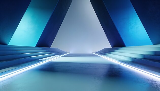 Framing inverted-V portal glowing cyan in futuristic hall, featuring stepped tiers and LED strips