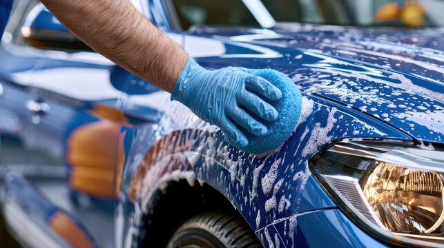 Close up of person washing blue car exterior with sponge and soap suds