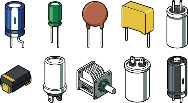 Electronic Components Capacitor Vector Icon Set Featuring Electrolytic Ceramic Tantalum and Variable Capacitors for Circuit Board Diagram and Engineering Education Design