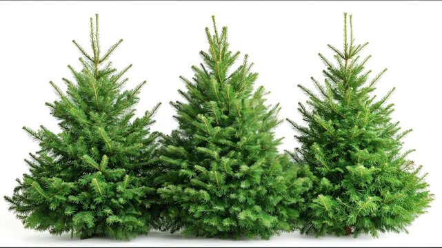 Several lush evergreen trees arranged together against a clean bright background. The fine branches and needles gently move in a light breeze. Ai generated
