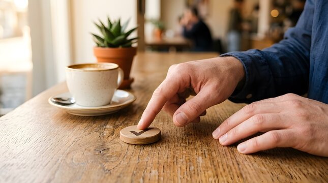 Close up of a man's hand pressing a round wooden token featuring a black check mark symbol on a rustic table in a cafe, accompanied by a cup of coffee and a small green potted succulent plant.