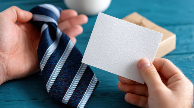 Classic navy striped necktie on wooden table with blank gift card for father day menswear flat lay styling and gift wrapping ideas for greeting card mockup and retail display