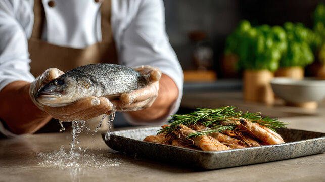 Fresh whole fish and prawns rinsed in a modern kitchen sink by a chef for food preparation background and seafood plating workflow