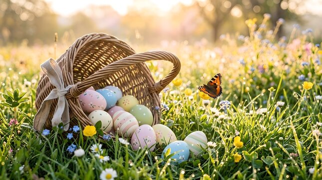 Easter Spring Celebration Pastel Decorated Eggs in Meadow Holiday Background