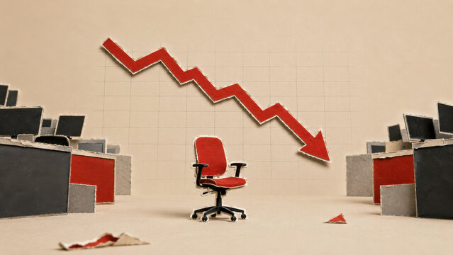 Empty office chair with red downward trending graph symbolizing business recession, job cuts, economic downturn, and financial crisis