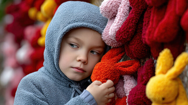 Child holding stuffed rabbit against wall of plush toys at market stall with contemplative expression and bundled clothing in cool outdoor environment