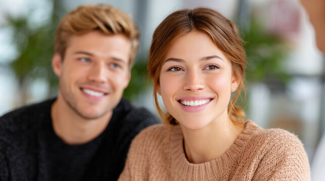Young woman smiling with man in soft focus behind engaging in conversation inside modern bright interior space with blurred background and casual clothing relaxed posture and eye contact