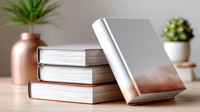Landscape stacked hardcover book mockup with one propped cover on wooden desk, editorial layout and publishing presentation for book design, print proofing and author pitch material
