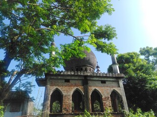 Ancient brick mosque architecture with dome framed by green tree leaves under clear blue sky © GLB Creative