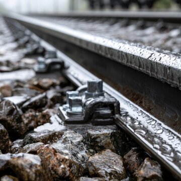 Close-up of wet railway tracks with bolts fastening rails to the bed of stones covered in raindrops during a rainy day