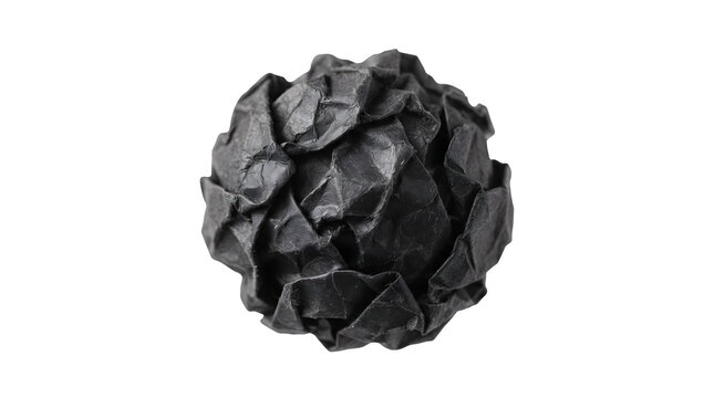 Crumpled black paper ball isolated on white background, textured charcoal paper sphere, crushed dark document representing failure or waste