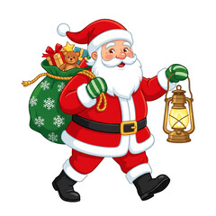 Fototapeta premium Santa Claus holding lantern and sack of gifts in festive holiday setting with transparent background