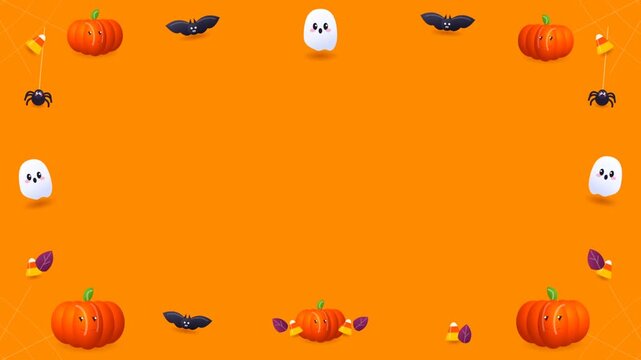 Cute and spooky Halloween frame background with pumpkins ghosts bats and candy corn on orange backdrop