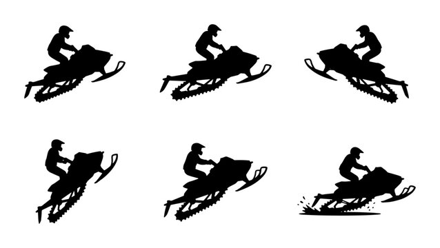 Black snowmobile rider silhouettes jumping, graphic set for winter