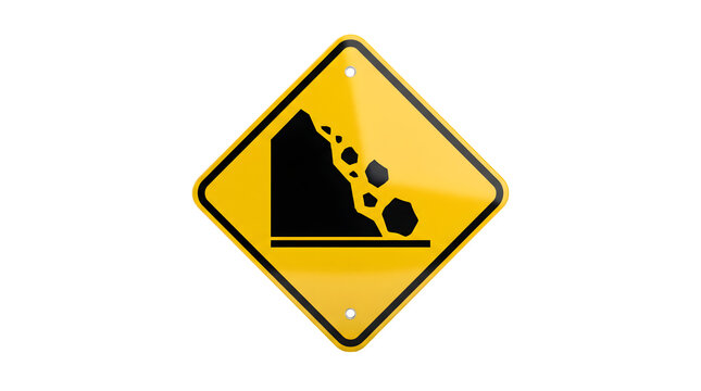 Yellow falling rocks road sign, diamond shaped landslide warning symbol, glossy mountain rockfall caution icon on white background
