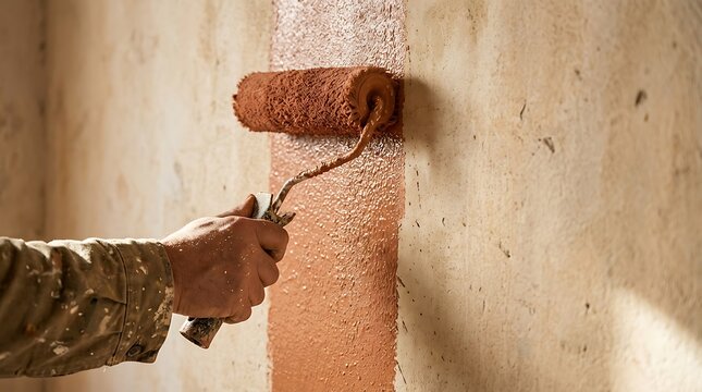 A person using a textured paint roller to apply a decorative pattern onto an interior wall surface