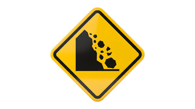 Yellow falling rocks warning sign, diamond shaped landslide caution symbol, mountain rockfall hazard icon on white background
