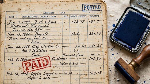 Vintage 1948 ledger book with handwritten financial entries, "PAID" and "POSTED" stamps, next to an old ink pad and rubber stamp.