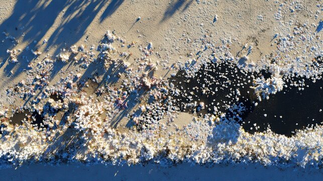 Melting Snowbank Edges: Overhead view of a granular snowbank edge, partially melted, revealing the dark asphalt beneath and the textures of ice and frozen slush.