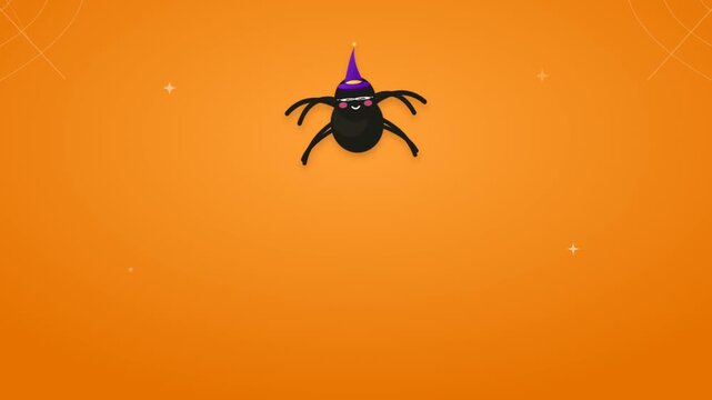Halloween spider cartoon character with wizard hat orange background