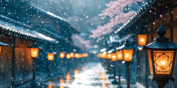 Traditional Japanese street with glowing lanterns during a winter snowfall at night