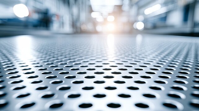 Silver perforated metal surface showing intricate circular pattern reflecting light, creating abstract texture, representing industrial design, offering concept for backgrounds