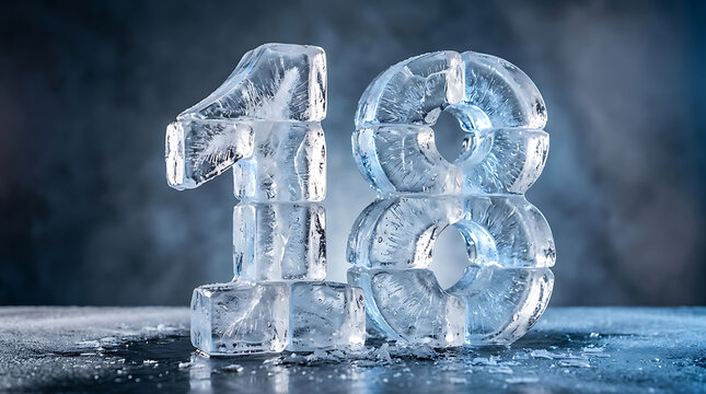 Ice block sculpture of the number 18 on a frozen surface with a dark background