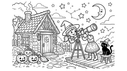 Fototapeta premium Young witch and friend using a telescope to observe the night sky with a crescent moon and stars outside a cozy stone cottage with pumpkins